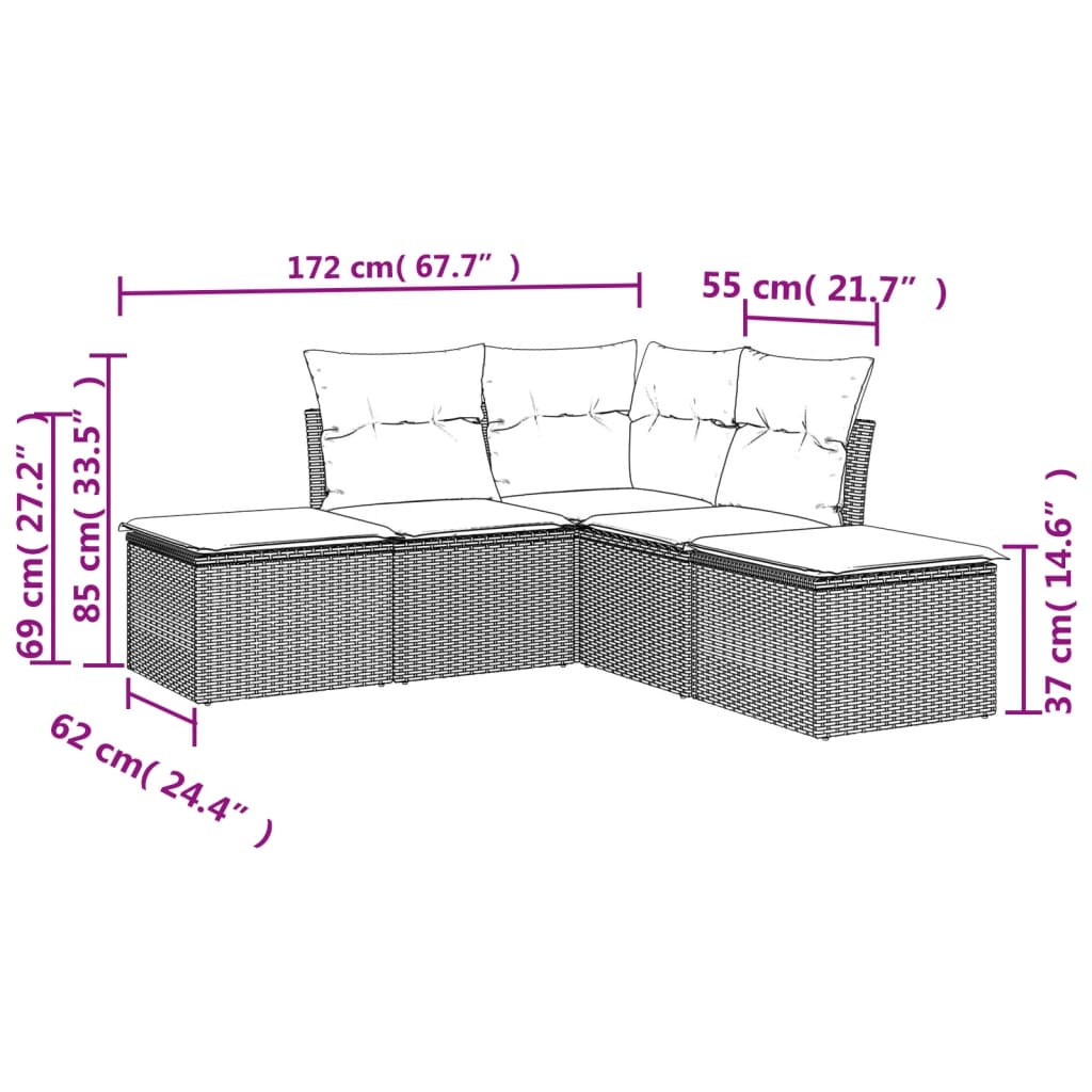 5 Pcs conjunto sofás de jardim com almofadões vime PE preto