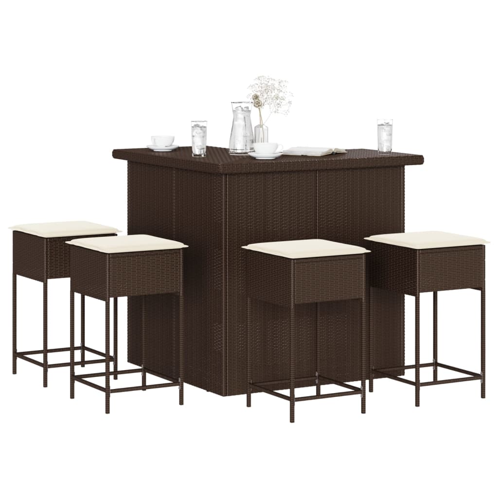 5 Pcs conjunto de bar p/ jardim c/ almofadões vime PE castanho