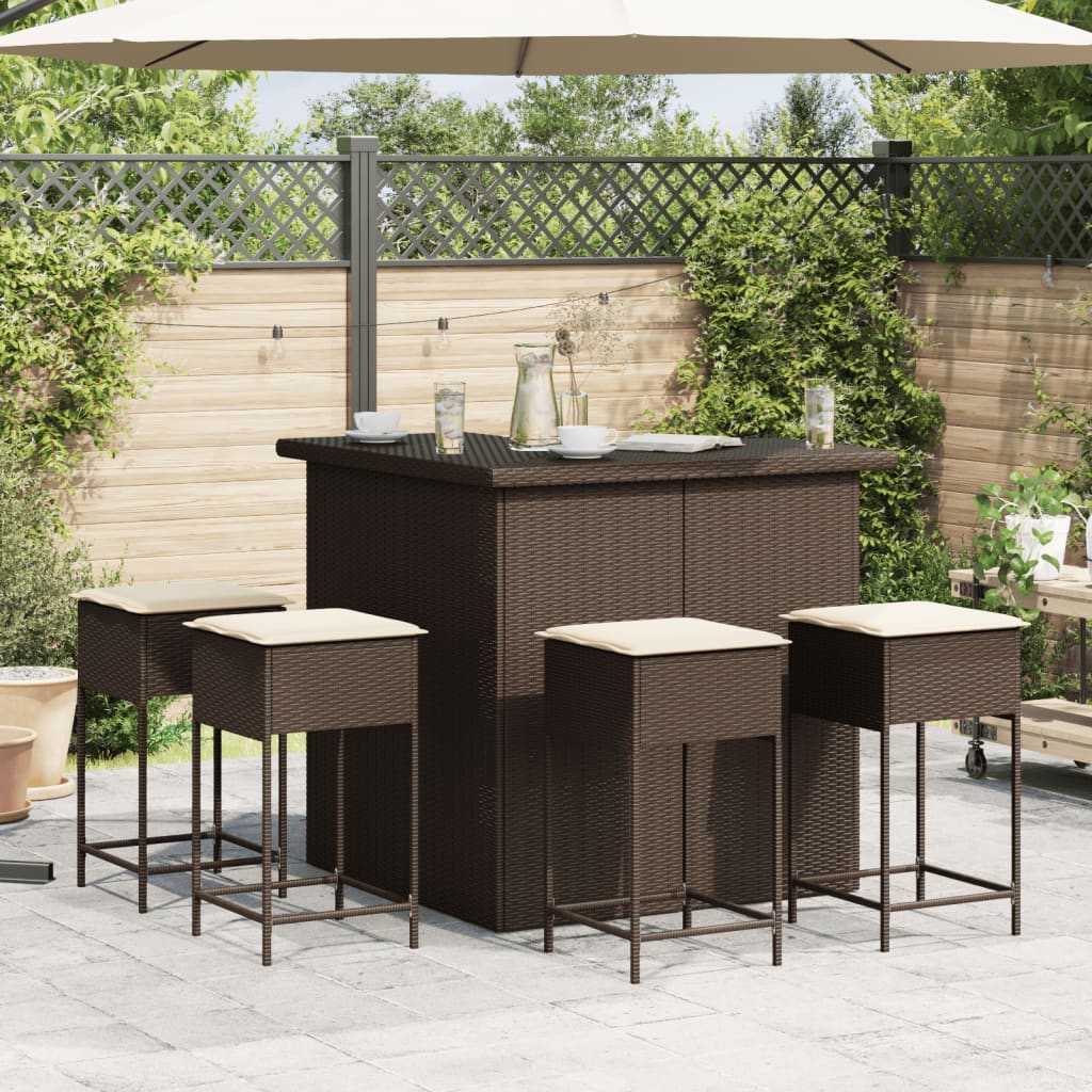 5 Pcs conjunto de bar p/ jardim c/ almofadões vime PE castanho