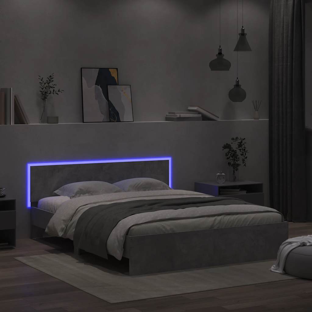 Estrutura cama cabeceira e luzes LED 150x200cm cinzento cimento