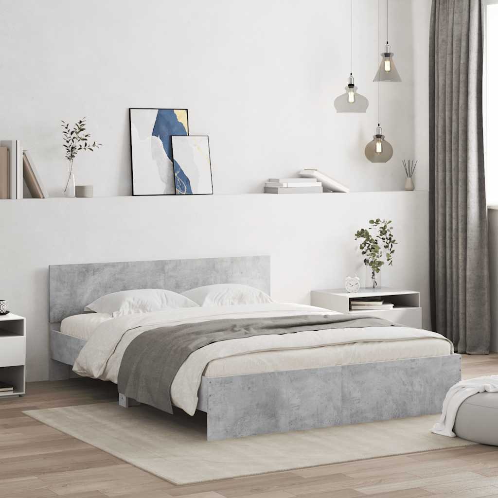 Estrutura cama cabeceira e luzes LED 150x200cm cinzento cimento