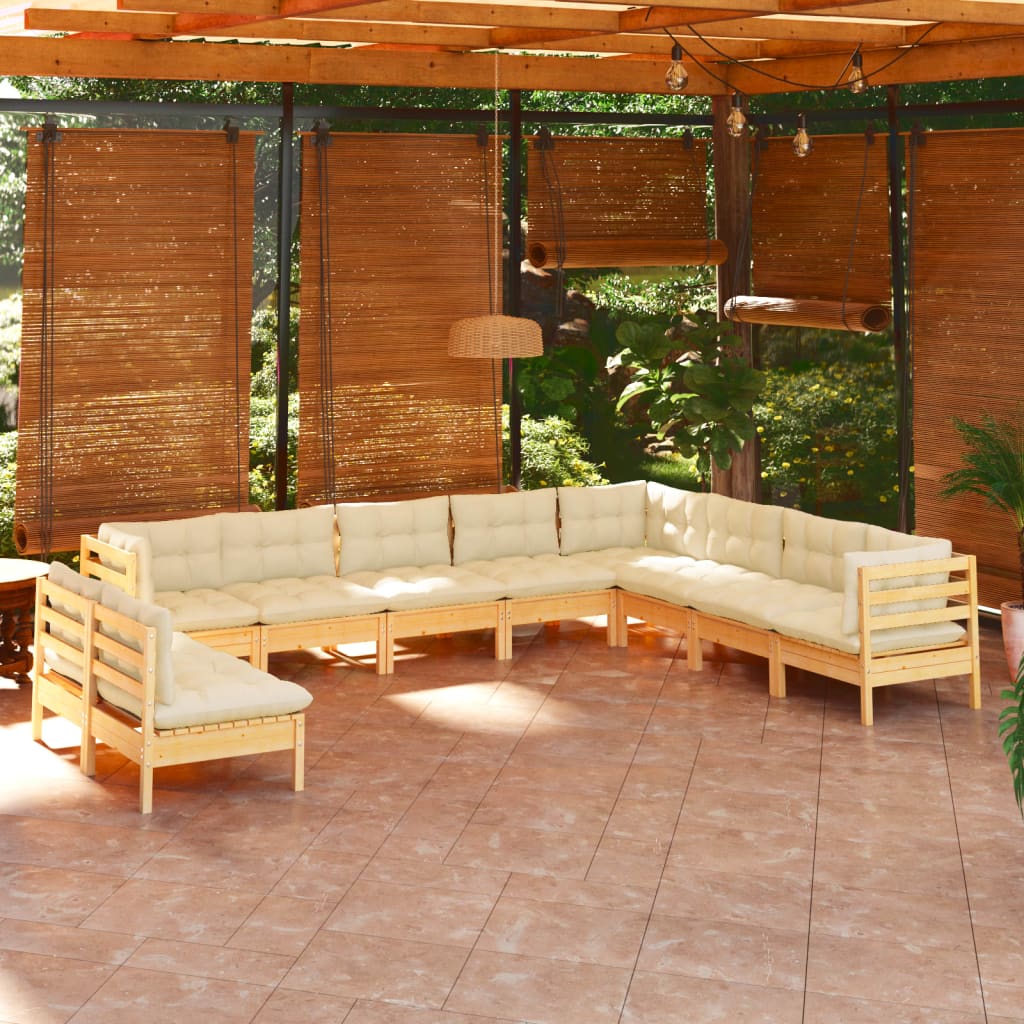 10 Pcs conjunto lounge jardim c/ almofadões creme pinho maciço