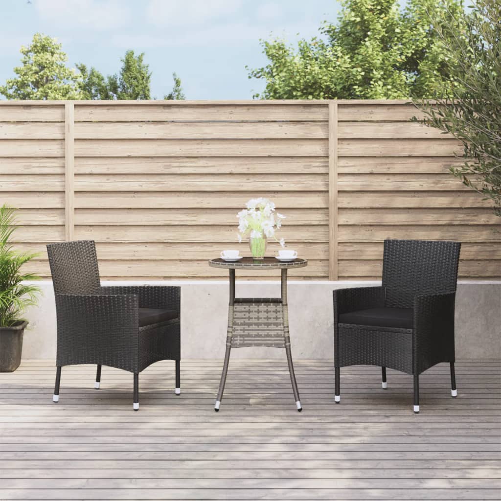 3 Pcs conjunto bistrô de jardim c/ almofadões vime PE preto