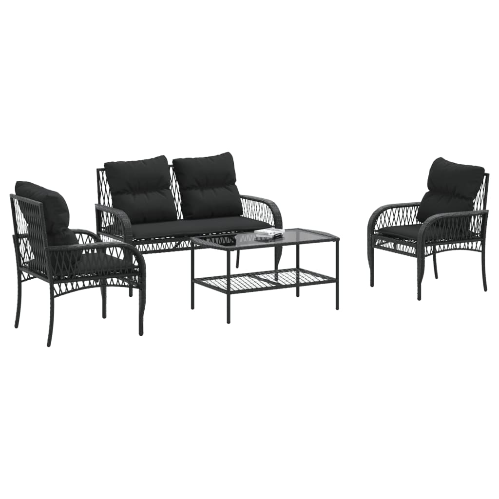 4 Pcs conjunto de sofás para jardim c/ almofadões vime PE preto