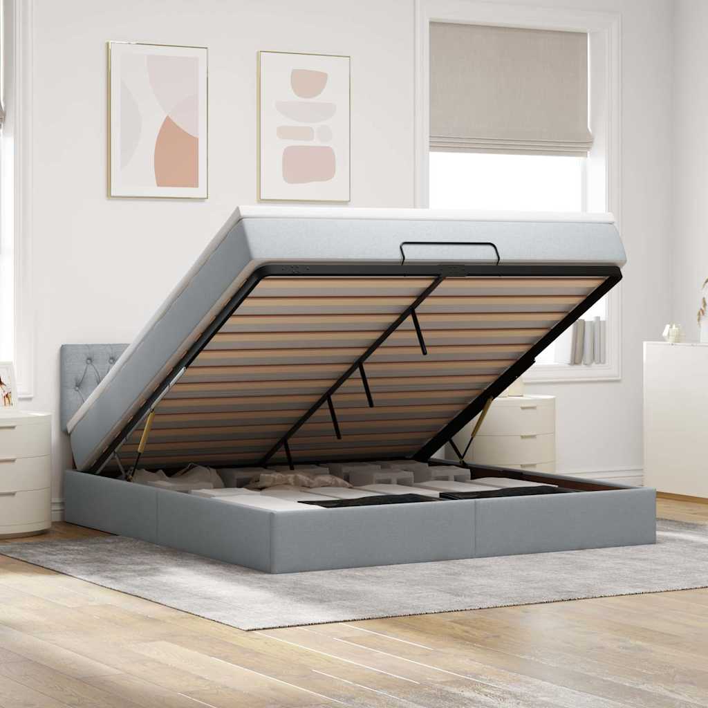 Cama otomana com colchão 160x200 cm tecido cinzento claro