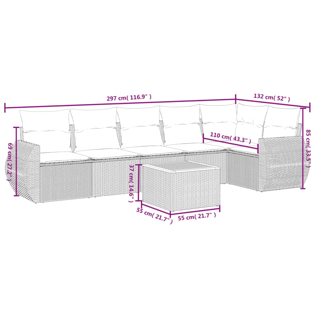 7 Pcs conjunto de sofás p/ jardim com almofadões vime PE bege