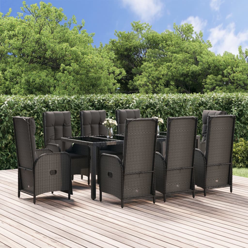 9 Pcs conjunto de jantar p/ jardim c/ almofadões vime PE preto
