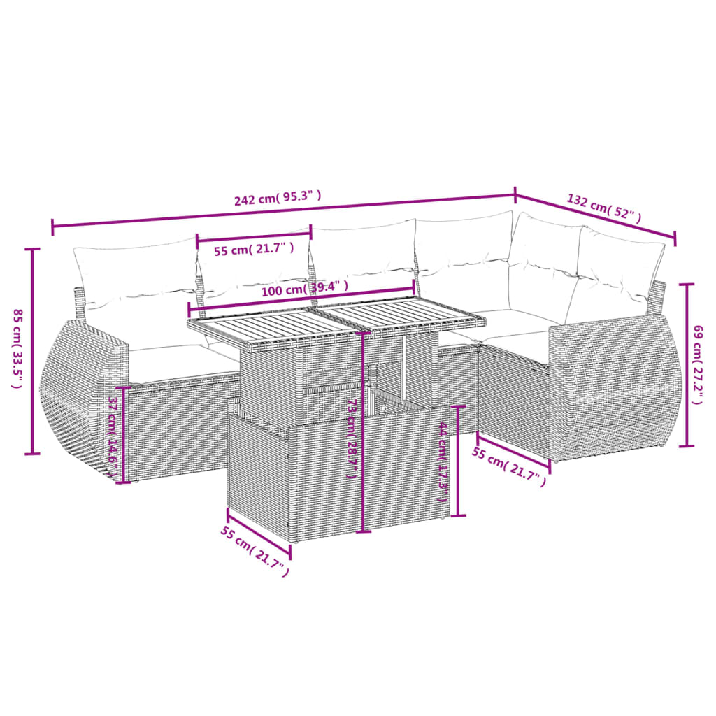 6 Pcs conjunto sofás de jardim c/ almofadões vime PE preto