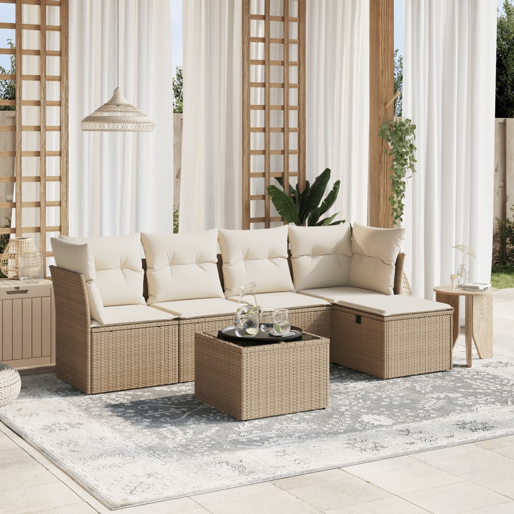 6 Pcs conjunto de sofás p/ jardim com almofadões vime PE bege