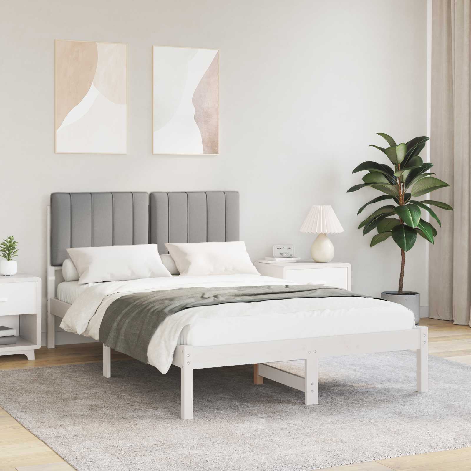 Estrutura de cama com cabeceira estofada cinzento-claro
