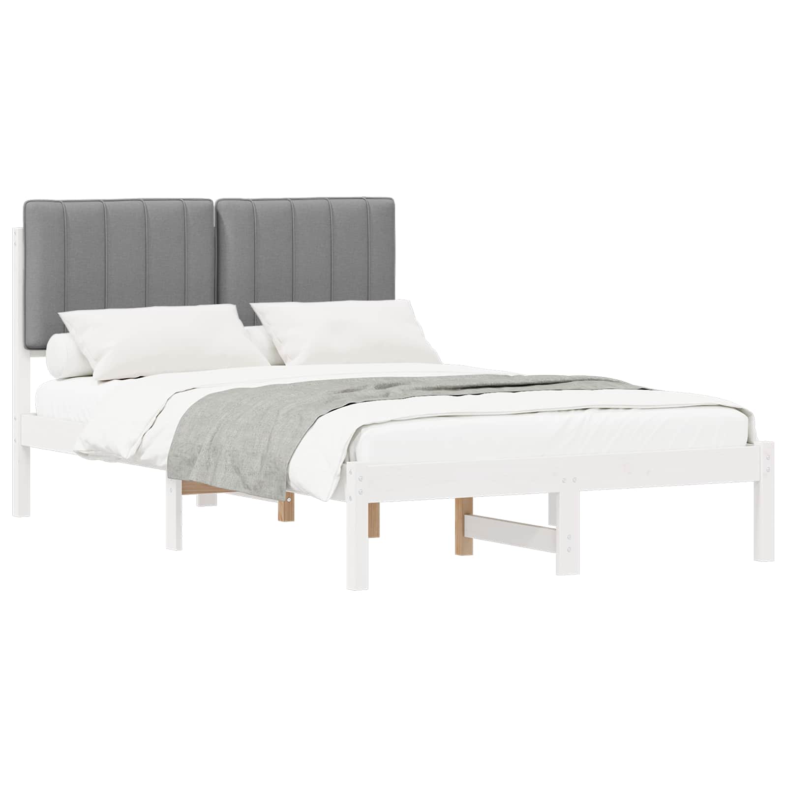Estrutura de cama com cabeceira estofada cinzento-claro