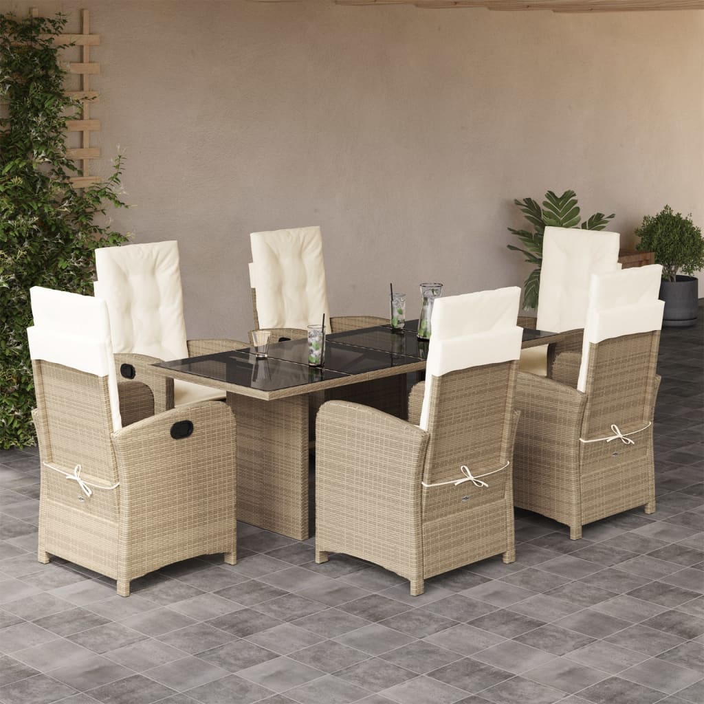 7 Pcs conjunto de jantar p/ jardim com almofadões vime PE bege