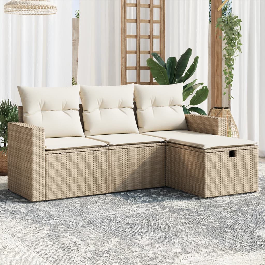 4 Pcs conjunto de sofás para jardim c/ almofadões vime PE bege