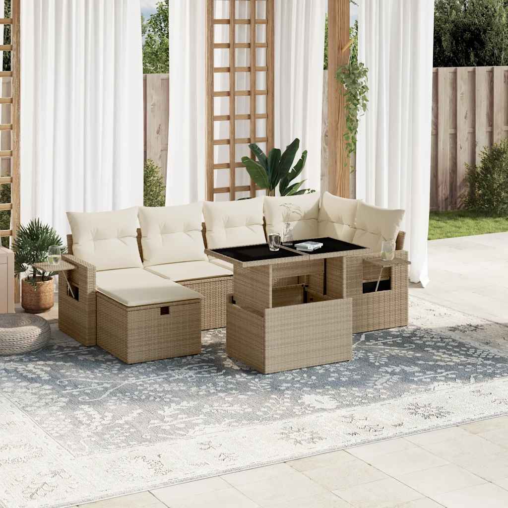 7 Pcs conjunto de sofás p/ jardim com almofadões vime PE bege