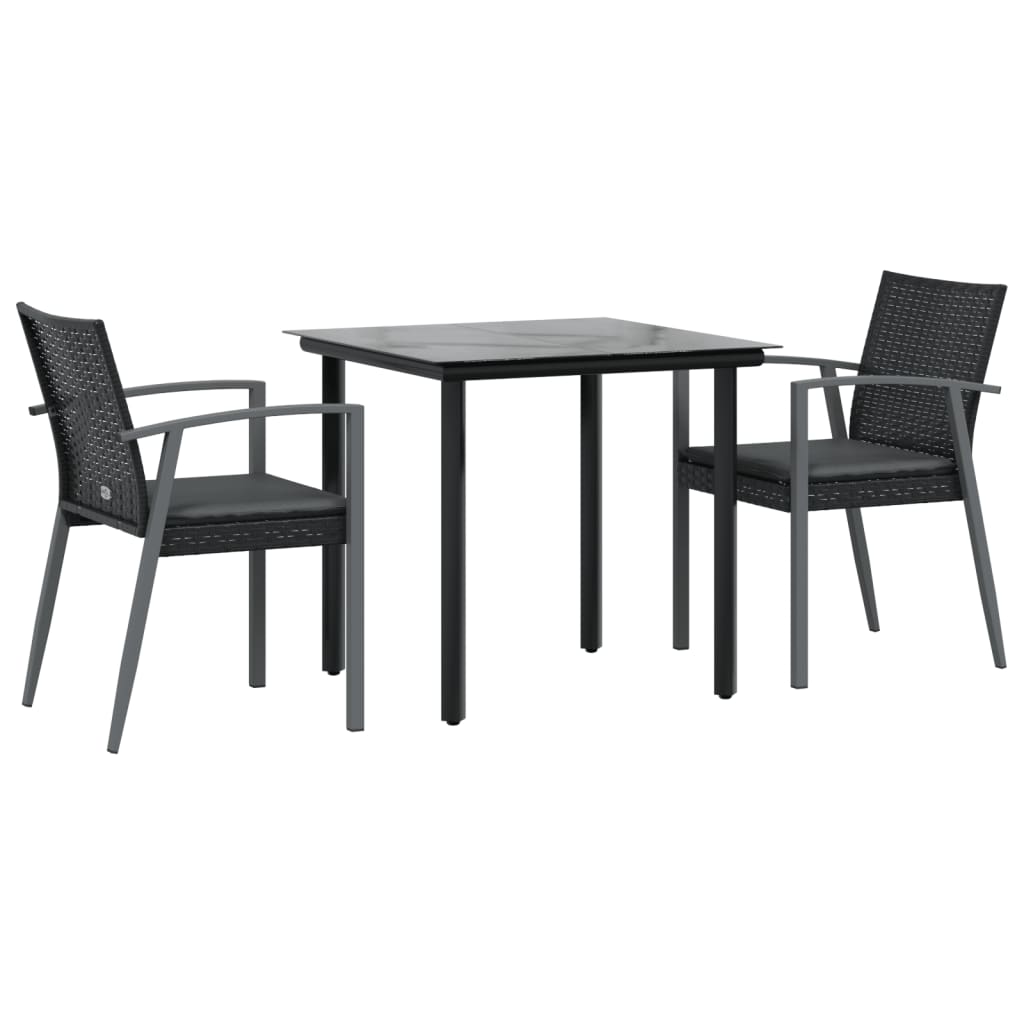 3 Pcs conjunto de jantar p/ jardim c/ almofadões vime PE e aço