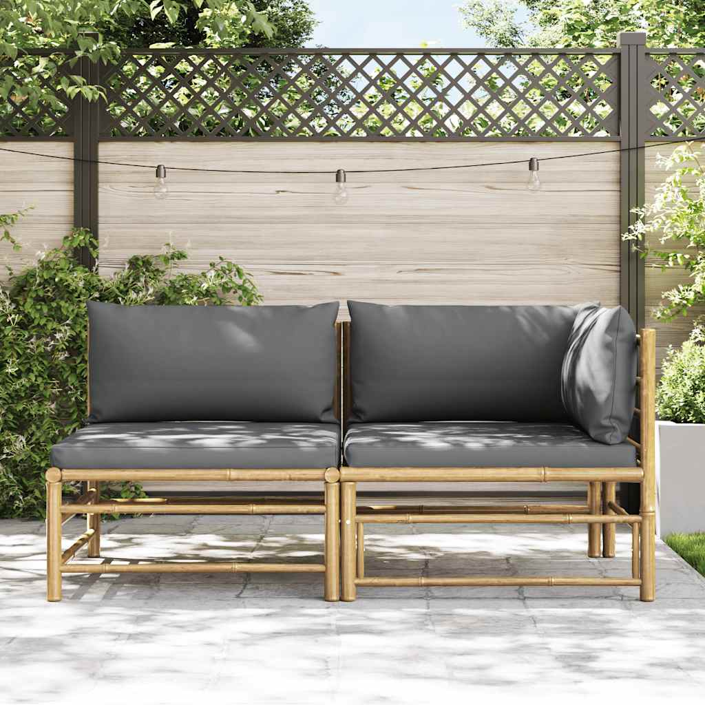 2 Pcs conj. lounge jardim em bambu c/ almofadões cinza-escuro