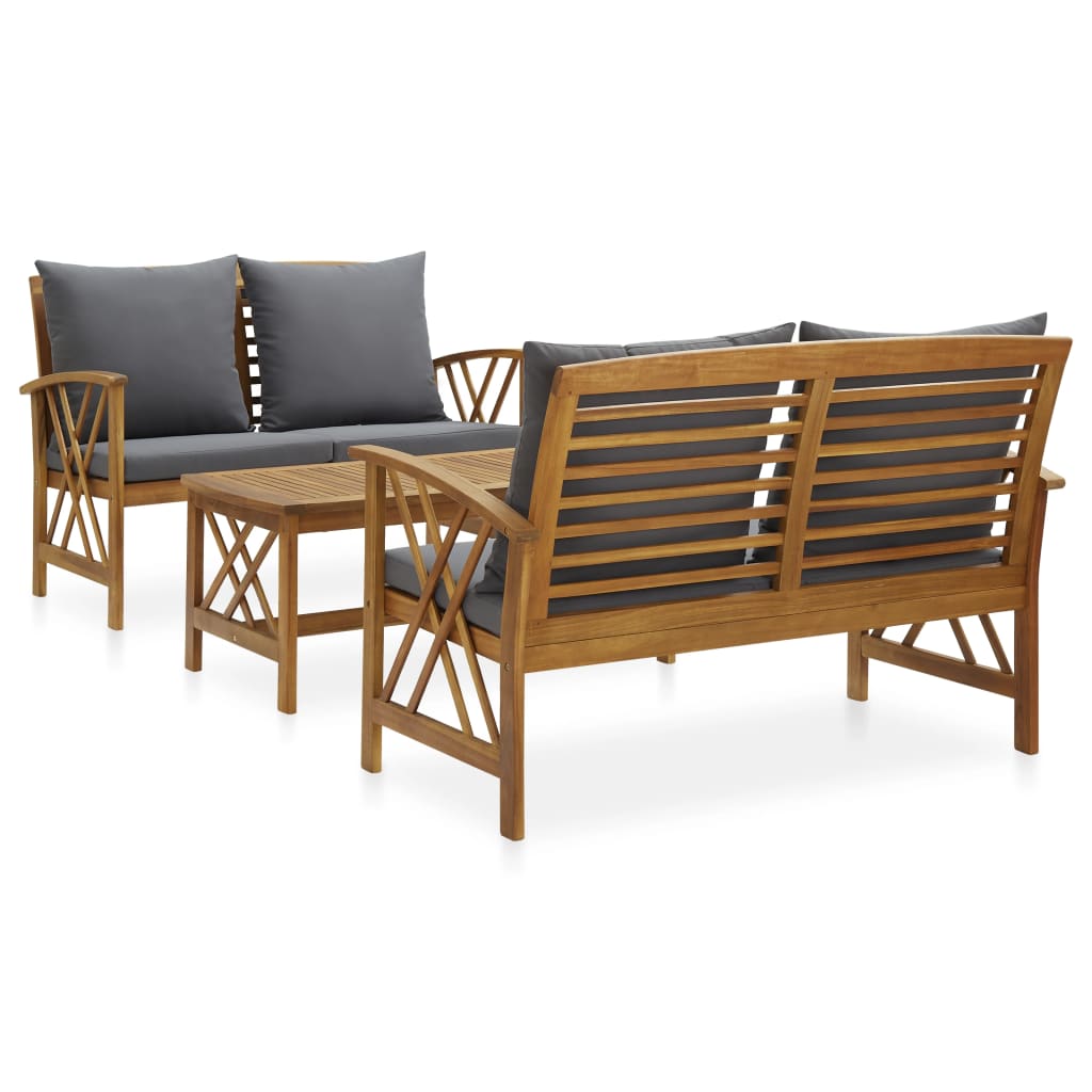 3 Pcs conjunto lounge de jardim c/ almofadões acácia maciça