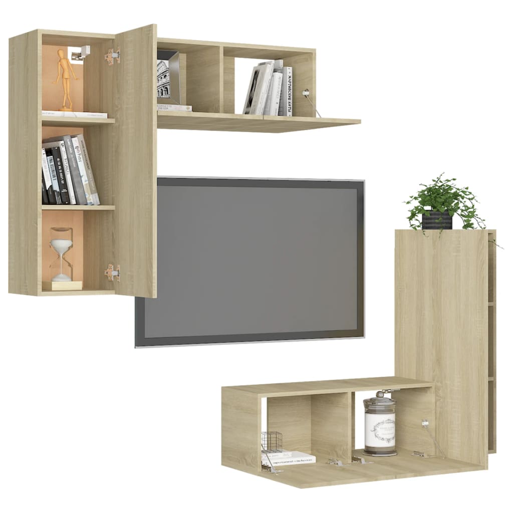 4Pcs conjunto de móveis de TV derivados madeira carvalho sonoma