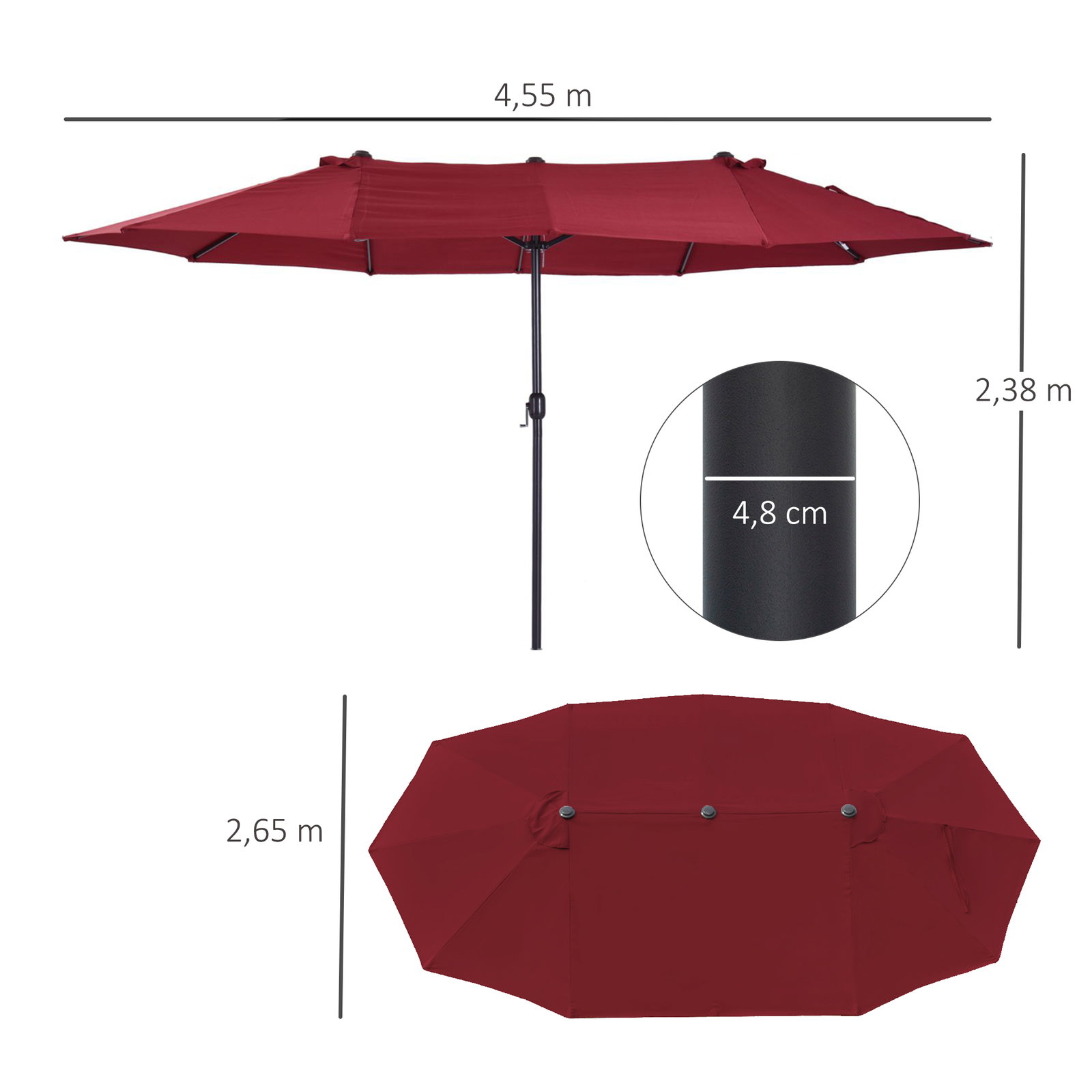 Chapéu de Sol Duplo 4,55x2,68x2,38 m Chapéu de Sol de Jardim com Manivela Manual Resistente à Água e com Proteção Solar UV para