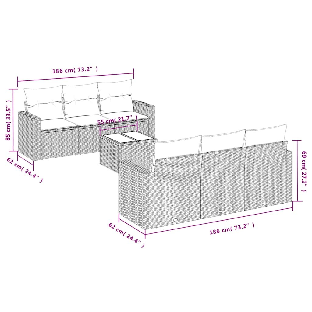 7 Pcs conjunto de sofás p/ jardim c/ almofadões vime PE preto