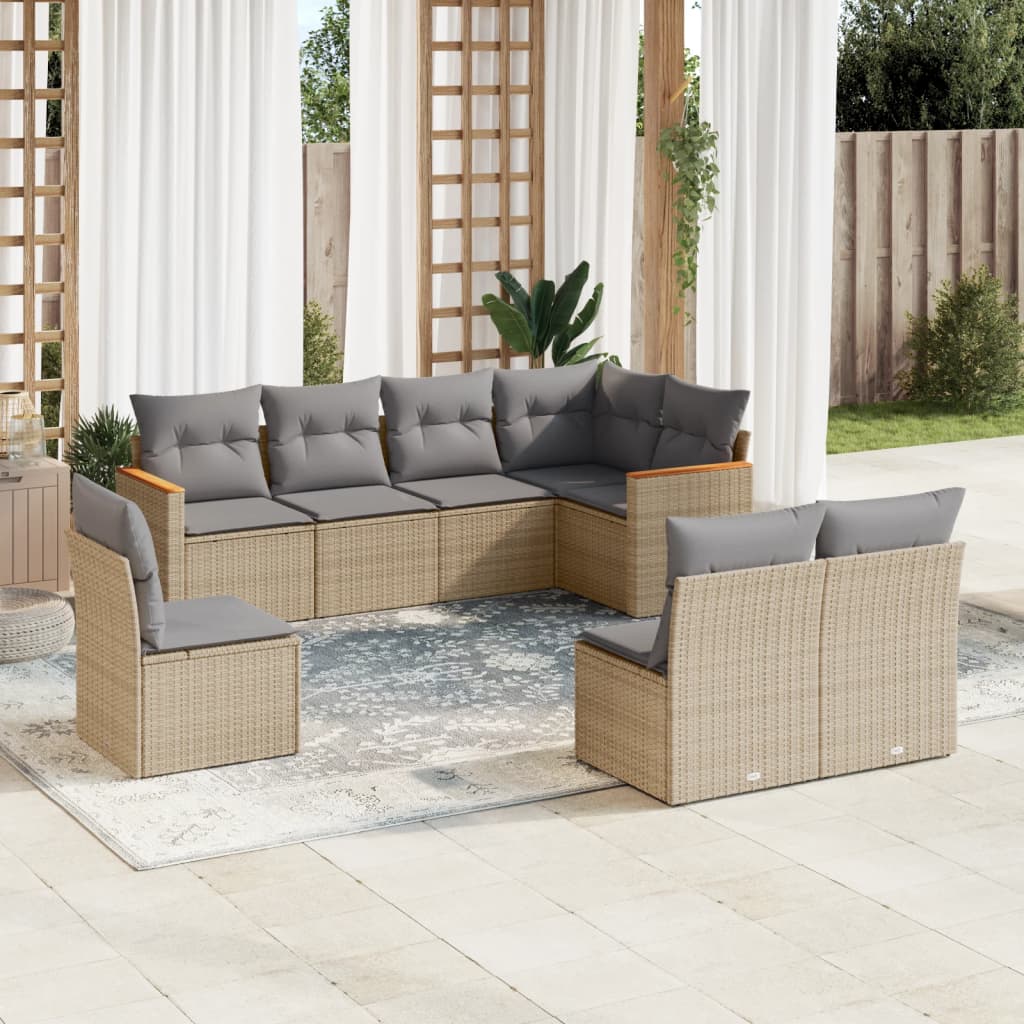 8 Pcs conjunto de sofás p/ jardim com almofadões vime PE bege