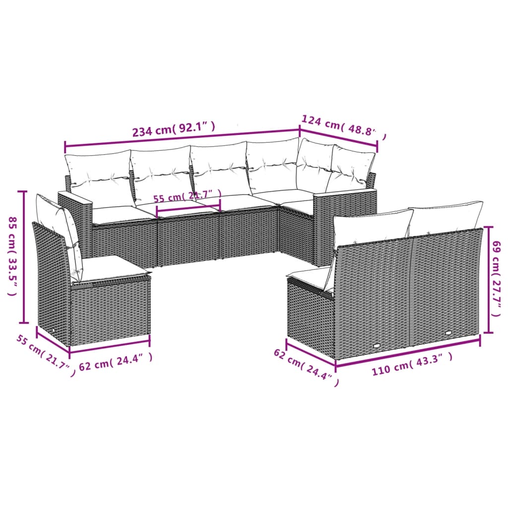 8 Pcs conjunto de sofás p/ jardim com almofadões vime PE bege