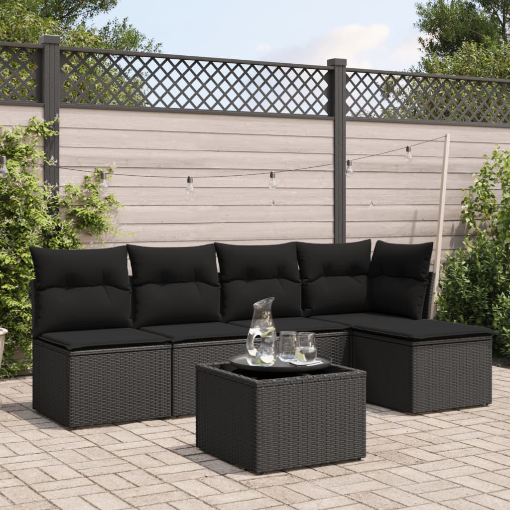6 Pcs conjunto sofás de jardim c/ almofadões vime PE preto