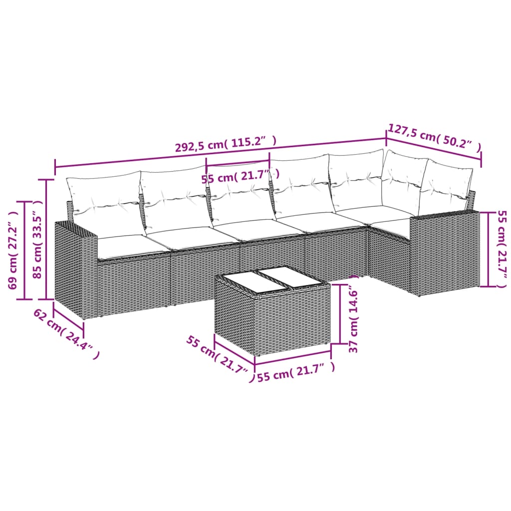 7 Pcs conj. sofás jardim com almofadões vime PE cinzento-claro