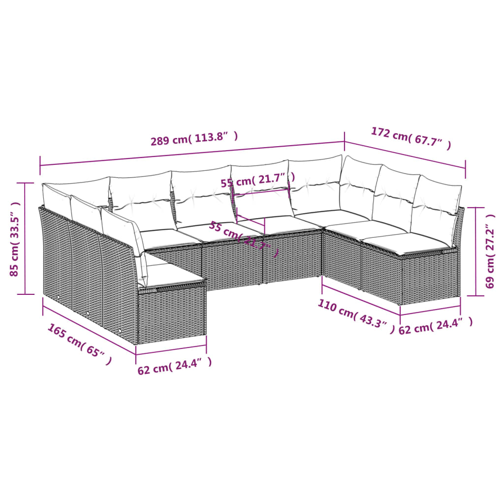 9 Pcs conjunto sofás p/ jardim com almofadões vime PE cinzento