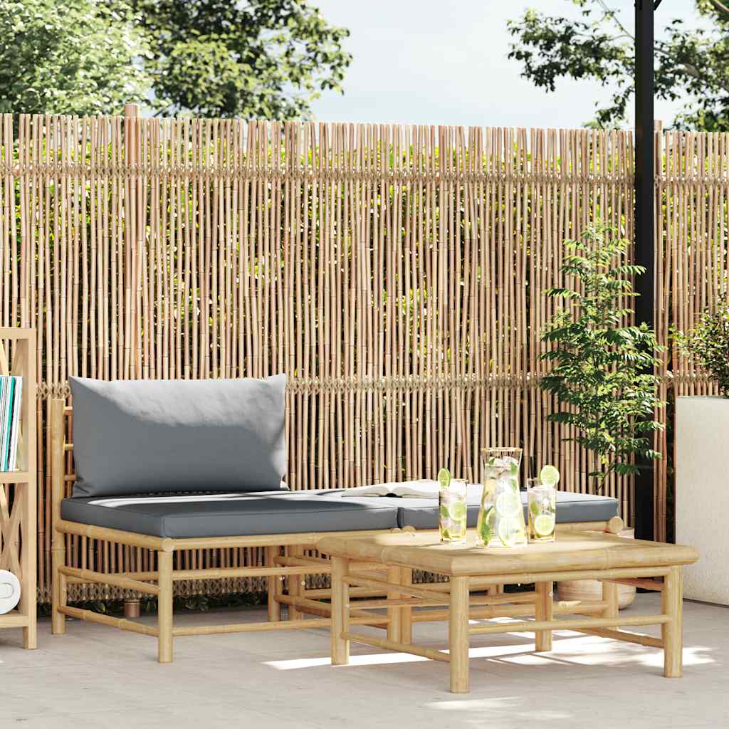 3 Pcs conj. lounge jardim em bambu c/ almofadões cinza-escuro