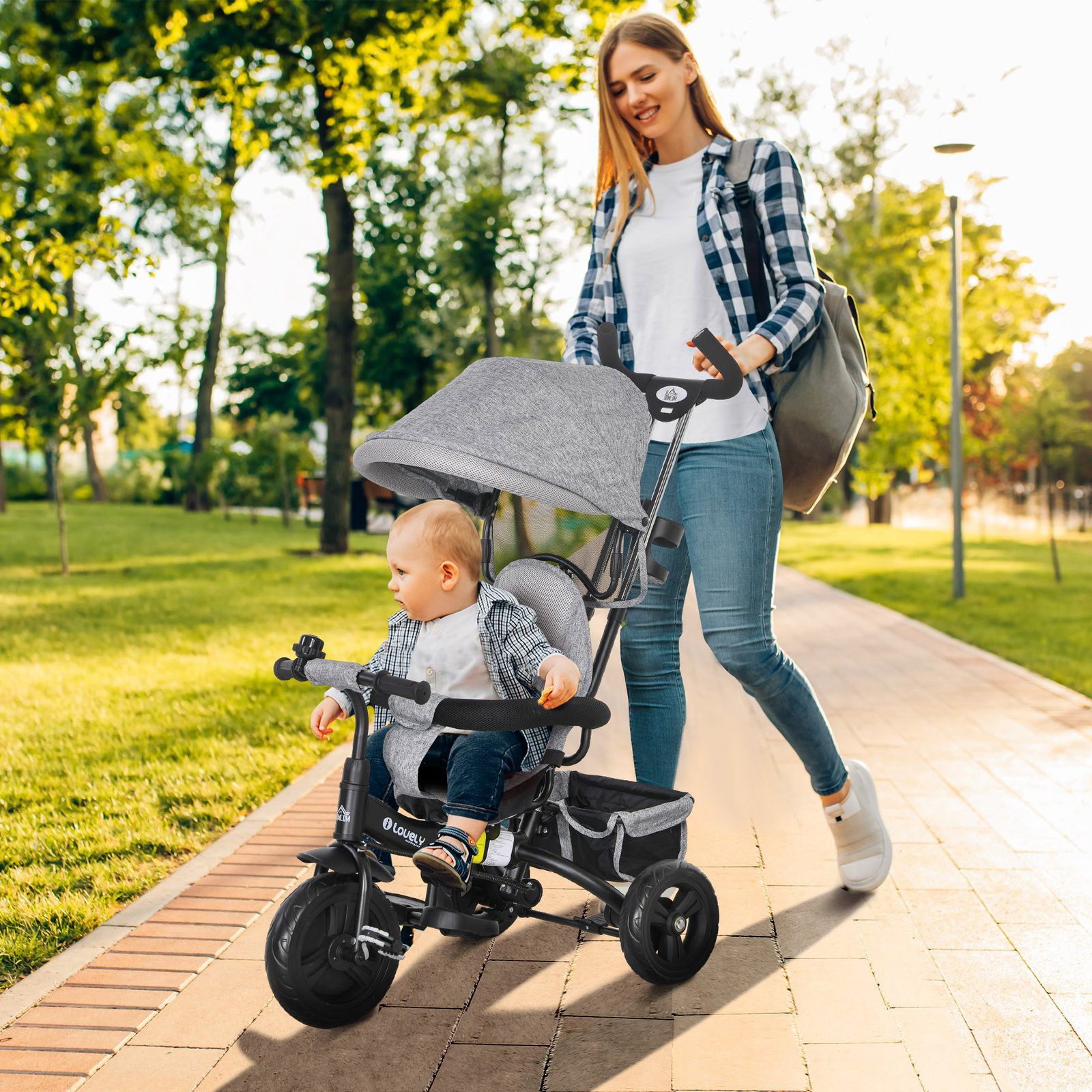 Triciclo evolutivo para bebés de +12 meses 2 em 1 com toldo dobrável guiador cinto de segurança e cesto 95x50x106 cm cinza