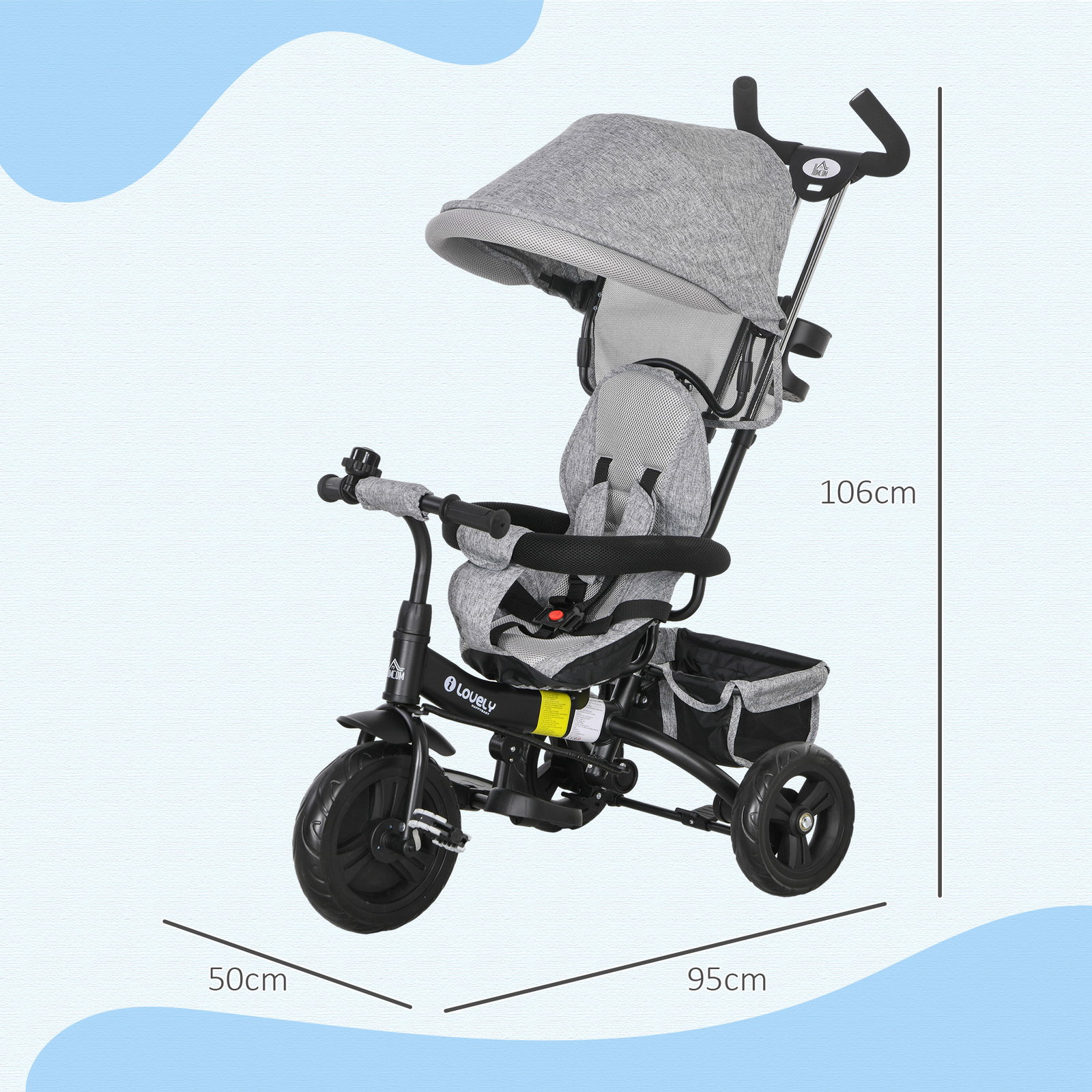 Triciclo evolutivo para bebés de +12 meses 2 em 1 com toldo dobrável guiador cinto de segurança e cesto 95x50x106 cm cinza