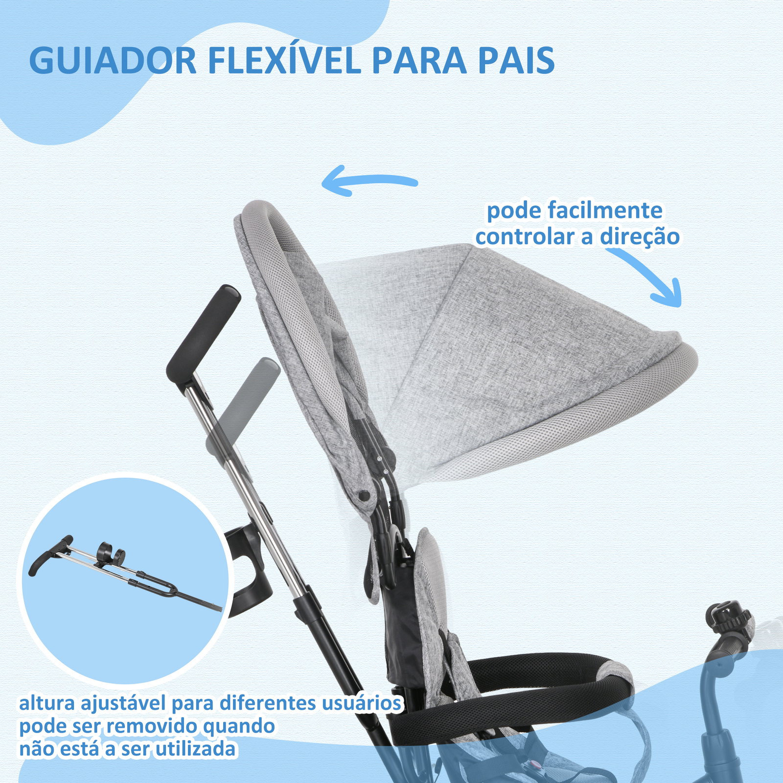Triciclo evolutivo para bebés de +12 meses 2 em 1 com toldo dobrável guiador cinto de segurança e cesto 95x50x106 cm cinza