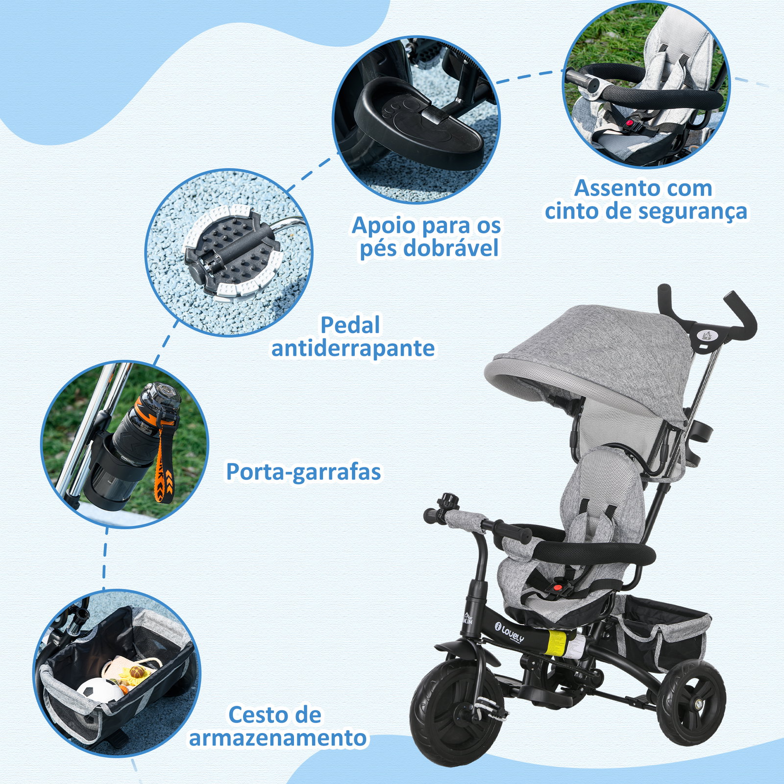 Triciclo evolutivo para bebés de +12 meses 2 em 1 com toldo dobrável guiador cinto de segurança e cesto 95x50x106 cm cinza