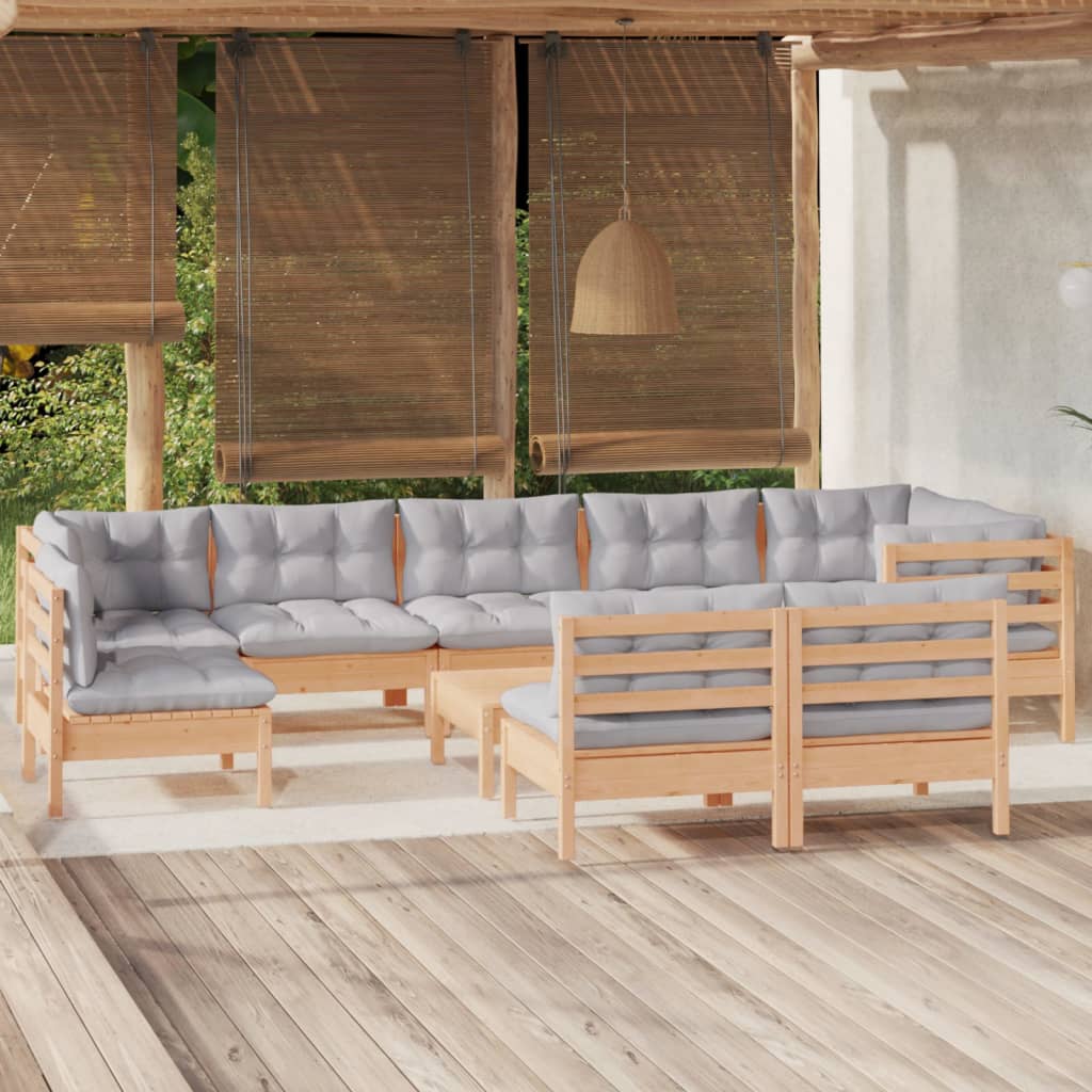 10Pcs conjunto lounge de jardim + almofadões cinza pinho maciço