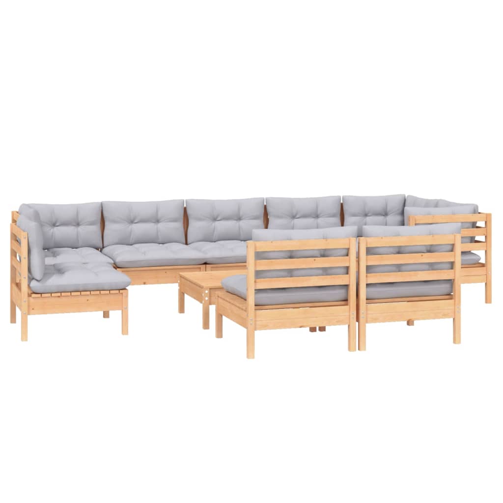 10Pcs conjunto lounge de jardim + almofadões cinza pinho maciço