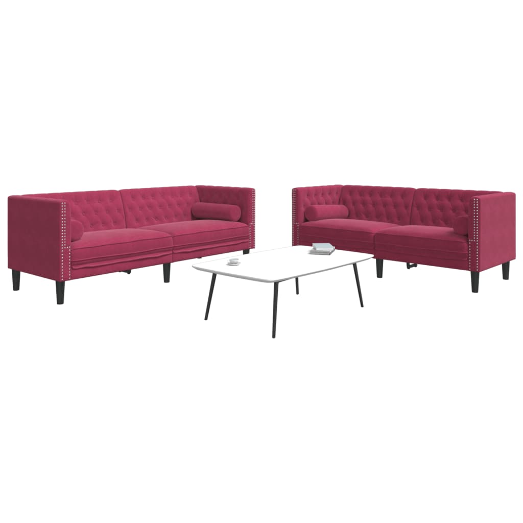 2 Pcs conj. sofás chesterfield com rolos veludo vermelho-tinto