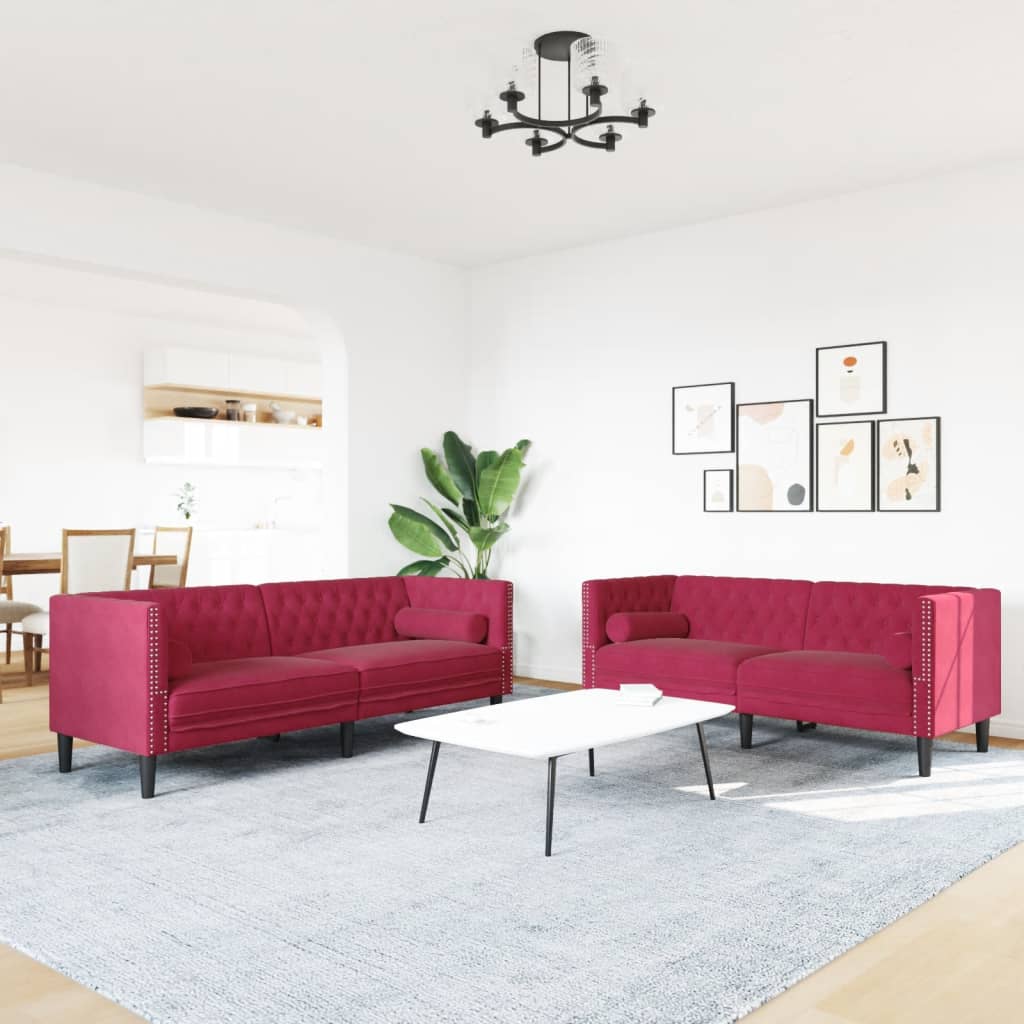 2 Pcs conj. sofás chesterfield com rolos veludo vermelho-tinto
