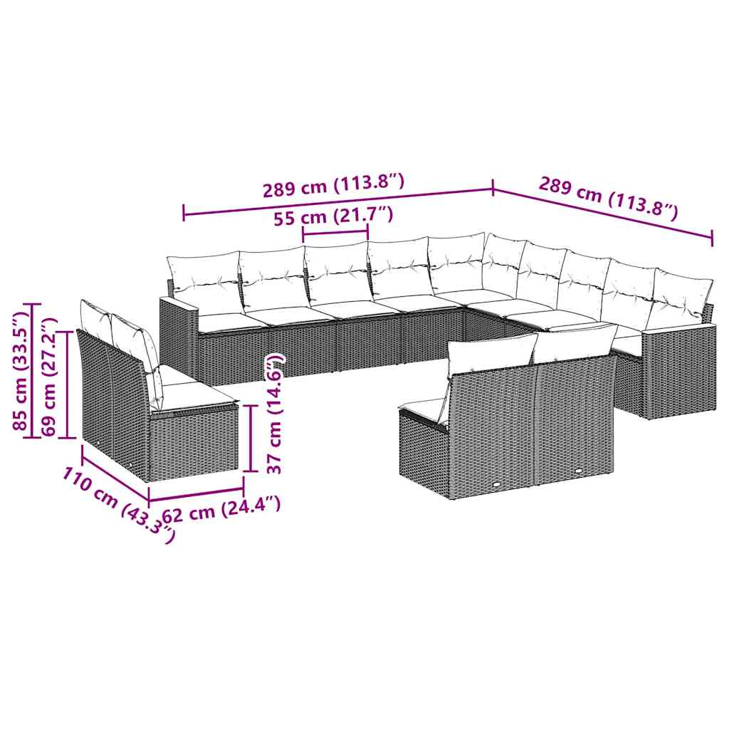13 Pcs conjunto de sofás de jardim com almofadões vime PE preto