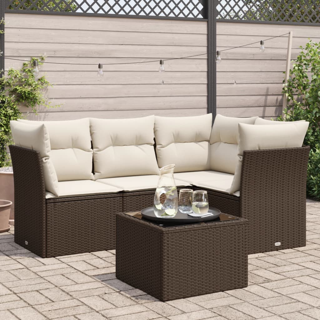 5 Pcs conjunto sofás p/ jardim c/ almofadões vime PE castanho