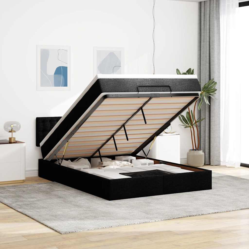 Cama otomana com colchão & leds preto 140x190cm tecido