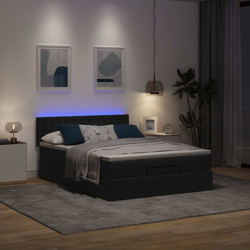 Cama otomana com colchão & leds preto 140x190cm tecido