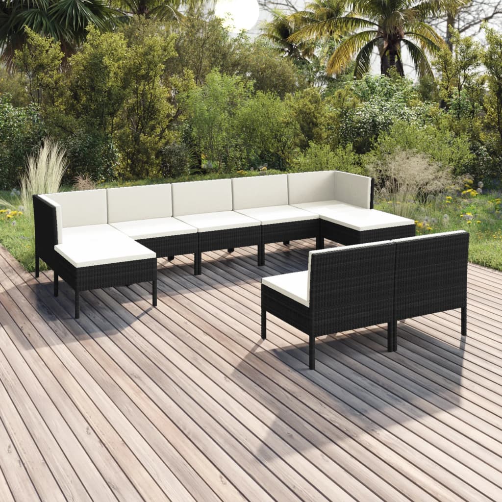 9 Pcs conjunto lounge de jardim c/ almofadões vime PE preto