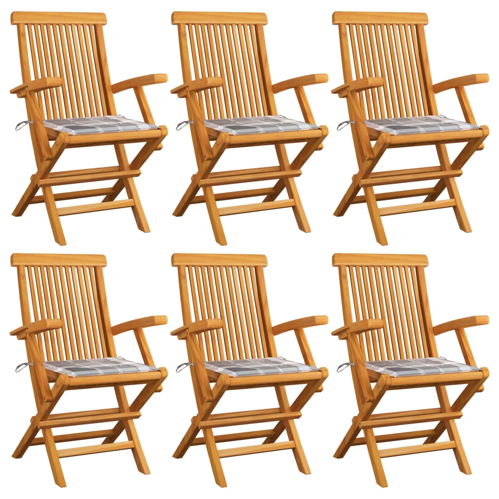 Cadeiras de jardim c/ almofadões xadrez cinzento 6 pcs teca