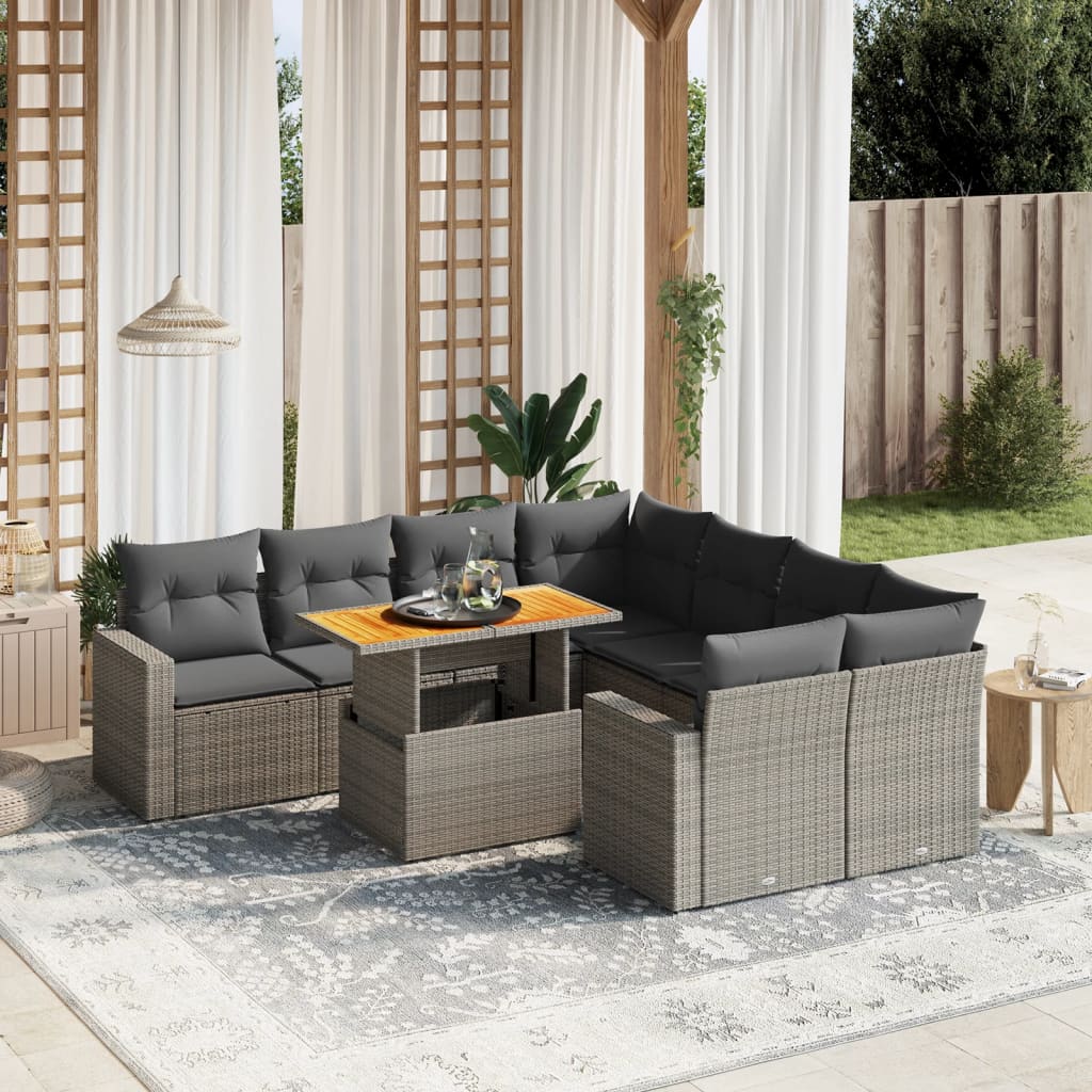 9 Pcs conjunto sofás p/ jardim com almofadões vime PE cinzento