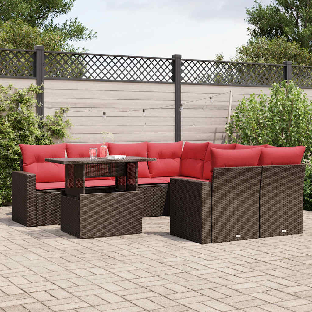 Conjunto de sofá de jardim com 9 peças e almofadas em rattan sintético marrom