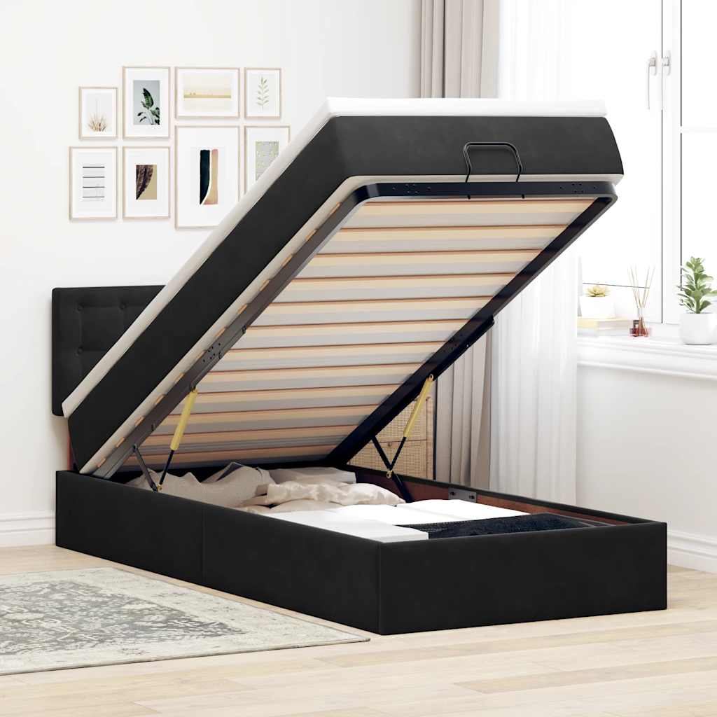Estrutura de cama otomana com colchão preto veludo
