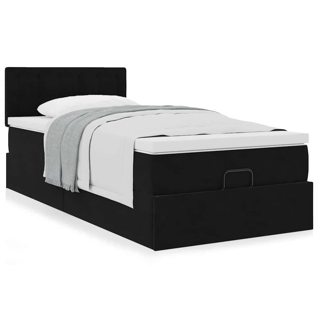 Estrutura de cama otomana com colchão preto veludo