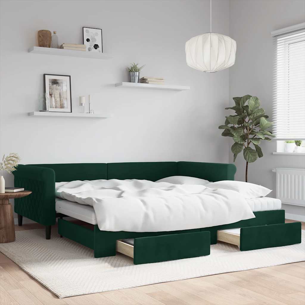 Sofá-cama c/ gavetão e gavetas 100x200 cm veludo verde-escuro