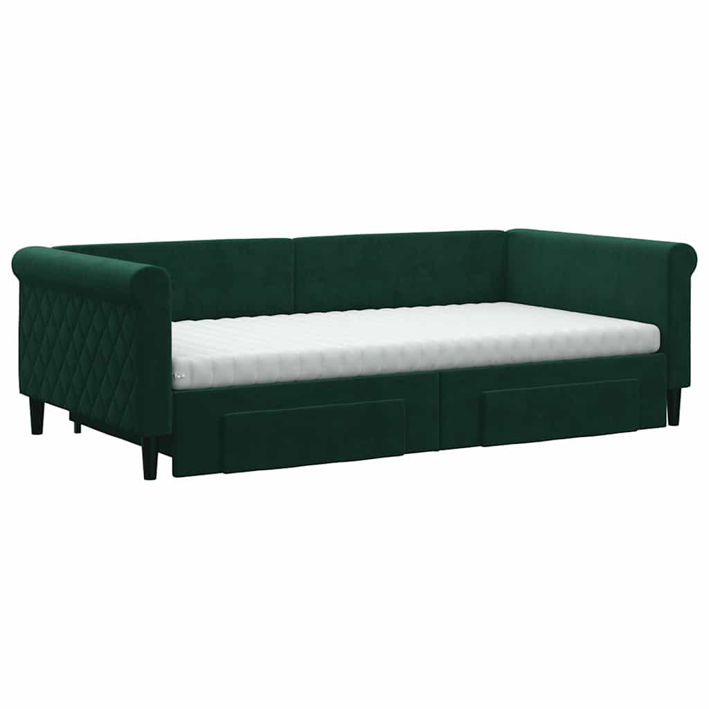 Sofá-cama c/ gavetão e gavetas 100x200 cm veludo verde-escuro